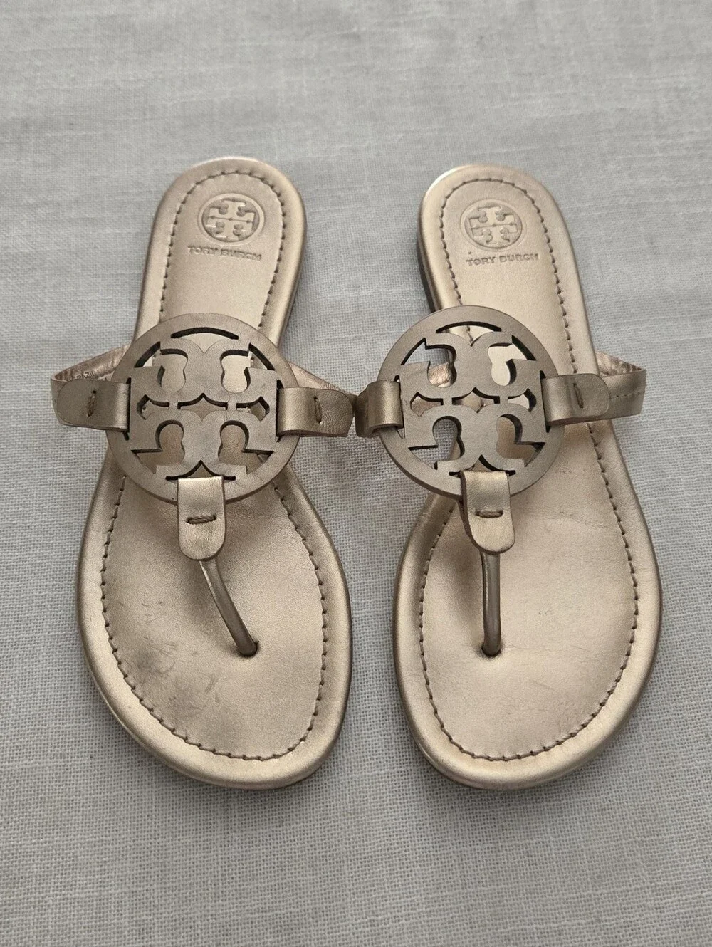 Tory Burch Metallic Rose Gold Logo Thong Sandals